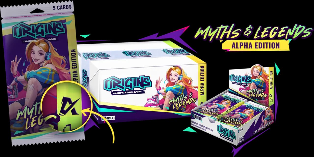 Origins Myths & Legends Alpha Edition pack, booster box, and display case