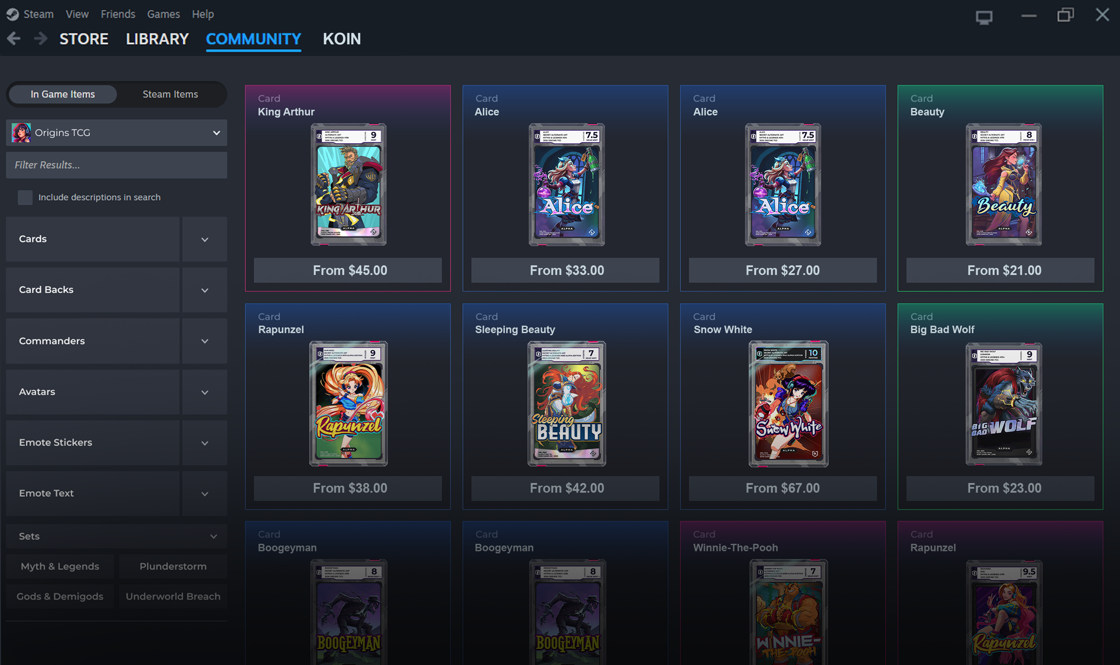 Origins TCG cards listed on the Steam Community Market, priced from $21 to $67